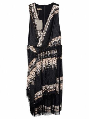 Beatriz Camacho Silk Fringe Maxi Dress 12 NWT Art Nouveau Whimsigoth Asymmetric
